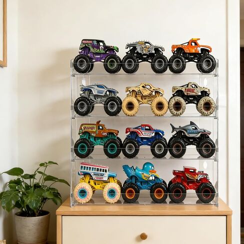 4 Tiers Monster Trucks Display Case Acrylic Transparent Monster Truck Organizers Storage Carrying Case Wall Mount Toy Car Holder Shelf Rack for Hot Wheels Matchbox Cars Room Decor in Kuwait