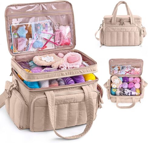 منظم حقيبة كبيرة للحياكة والكروشيه من MYBAGZING لتخزين الخيوط، حقيبة مشروع حياكة مزدوجة الطبقة مع 6 حلقات، حقيبة منظم للغزل لمستلزمات الحياكة وخطافات وإكسسوارات الكروشيه هدية للأم in Kuwait