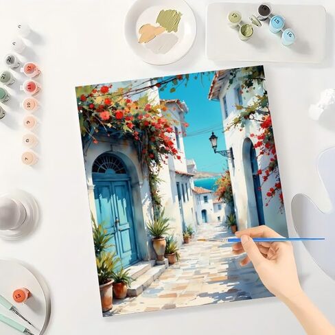 مجموعة طلاء زقاق البحر الأبيض المتوسط ​​بالأرقام للبالغين - شارع أبيض DIY مع زهور ولوحة منظر البحر على القماش مقاس 16 × 20 بوصة، مجموعة طلاء أكريليك، فن لديكور المنزل أو الهدايا الساحلية in Kuwait
