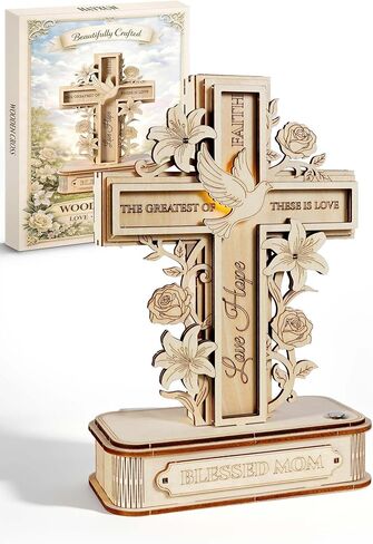 3D Wooden Cross Puzzle with Light, Christian for Mom, DIY Craft Wood Model Kit, Faith Hope Love Religious Decor Ornament for Women (Blessed Mom) Interchangeable Signs in Saudi Arabia