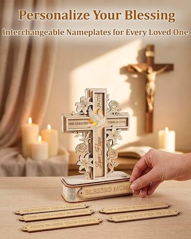 3D Wooden Cross Puzzle with Light, Christian for Mom, DIY Craft Wood Model Kit, Faith Hope Love Religious Decor Ornament for Women (Blessed Mom) Interchangeable Signs in Saudi Arabia