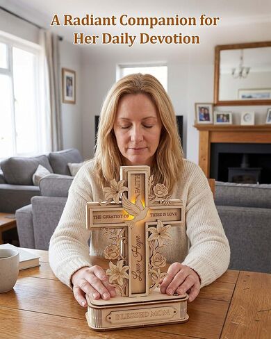 3D Wooden Cross Puzzle with Light, Christian for Mom, DIY Craft Wood Model Kit, Faith Hope Love Religious Decor Ornament for Women (Blessed Mom) Interchangeable Signs in Saudi Arabia
