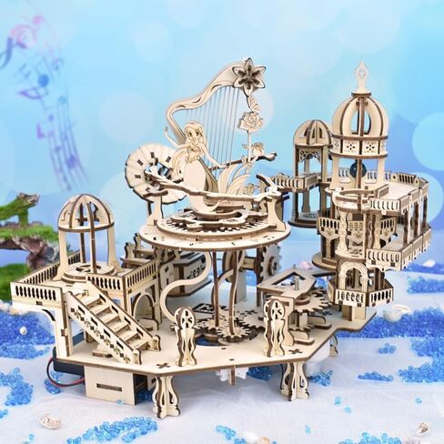 3D Wooden Puzzle Model Music Box - 465 Pcs High Difficulty DIY Building Toy for Adults, Harp & Architectural Design, Ideal for Christmas, Birthday & Valentine's Gifts, Light Yellow/Cream in Saudi Arabia