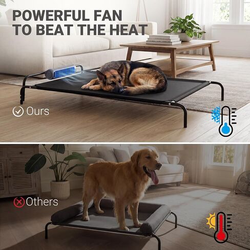Elevated Outdoor Dog Bed with Fan - Raised Bed for Large Dogs, Waterproof Cot Easy to Assemble, 3 Wind Speed, Cooling Elevated Cot with Washable Mesh Cover, Durable, Non Slip, Up to 85 lbs in Saudi Arabia