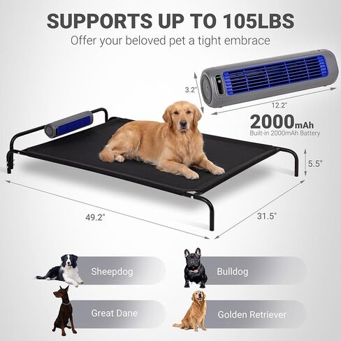Elevated Outdoor Dog Bed with Fan - Raised Bed for Large Dogs, Waterproof Cot Easy to Assemble, 3 Wind Speed, Cooling Elevated Cot with Washable Mesh Cover, Durable, Non Slip, Up to 85 lbs in Saudi Arabia