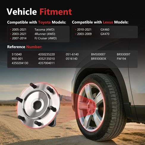 HYR 515040 2PCS Front Wheel Bearing and Hub Assembly Fits 2003-2021 Toyota Tacoma/4Runner/FJ Cruiser, Lexus GX460/GX470, 4WD, 6 Lugs w/ABS in Kuwait