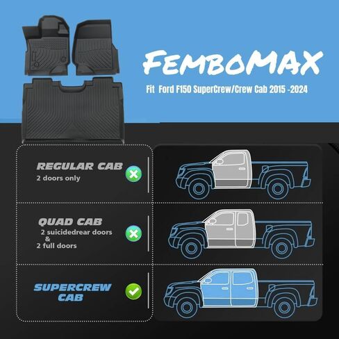 Floor Mats Custom Fit for Ford F150/F-150 Lightning SuperCrew Cab 2015-2024 TPE All Weather Protective Floor Mats,Customized First and Second Row Car Floor Mat Set,Heavy Duty Accessories,Black in Saudi Arabia