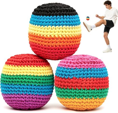 TIMESS 3Pcs Handmade Knitted Footbag, Assorted Footbag Crochet Balls for Adults, Soft Pellet-Filled Sack for Skill Training, Multicolored Pattern in Saudi Arabia