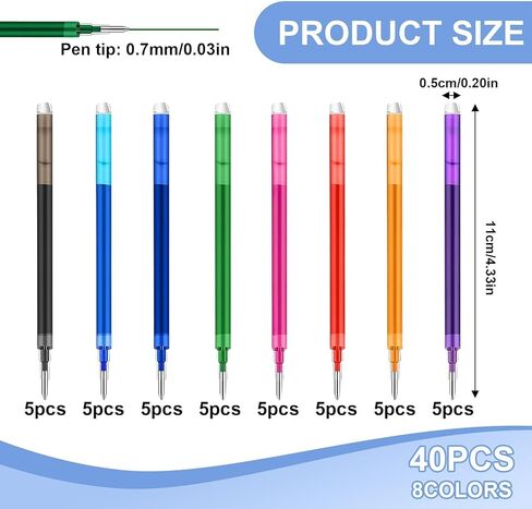 40pcs 0.7 mm Erasable Gel Ink Pen Refills Compatible with FriXion Friction, Multicolor Replaceable Medium Fine Point Refills for Erasable Pens Smooth Writing Fast Dry for School Office Home, 8 Colors in Saudi Arabia