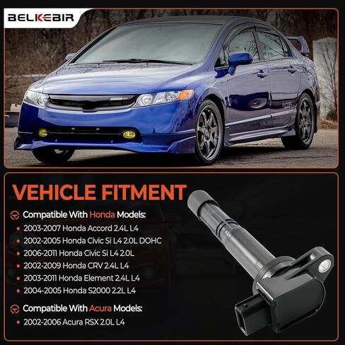 مجموعة من 4 حزم ملف إشعال وشمعات إشعال إيريديوم متوافقة مع 2.0 لتر 2.4 لتر 2002-2011 Honda Civic Si Accord CRV Element S2000، 2002-2006 Acura RSX استبدال UF311 و9807B-561BW in Kuwait