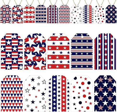 50 PCS 4th of July Gift Tags,Red Blue White Present Hanging Tags Patriotic USA Flag Stars Stripes Paper Labels Thank You Gift Wrapping Tags for July 4th Independence Memorial Veterans Day DIY Decor in Kuwait