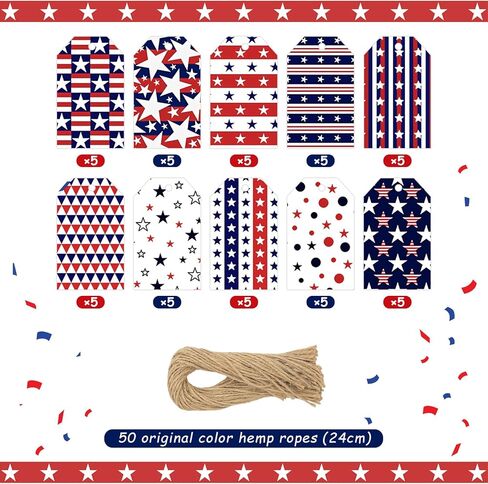 50 PCS 4th of July Gift Tags,Red Blue White Present Hanging Tags Patriotic USA Flag Stars Stripes Paper Labels Thank You Gift Wrapping Tags for July 4th Independence Memorial Veterans Day DIY Decor in Kuwait