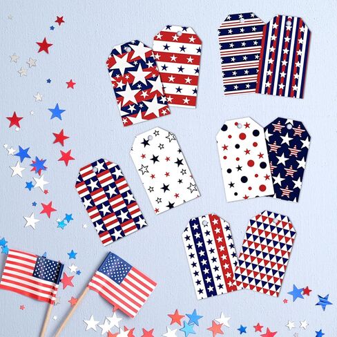 50 PCS 4th of July Gift Tags,Red Blue White Present Hanging Tags Patriotic USA Flag Stars Stripes Paper Labels Thank You Gift Wrapping Tags for July 4th Independence Memorial Veterans Day DIY Decor in Kuwait
