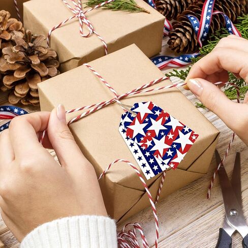 50 PCS 4th of July Gift Tags,Red Blue White Present Hanging Tags Patriotic USA Flag Stars Stripes Paper Labels Thank You Gift Wrapping Tags for July 4th Independence Memorial Veterans Day DIY Decor in Kuwait