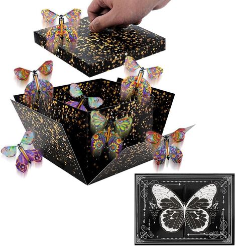 WCHOSOZH Surprise Explosion Gift Box with 4Pcs Flying Butterflies, Exploding Gifts Box with Congratulation Card, Butterflybirthday Surprise Boxes for Birthday Wedding Anniversaries Party Mothers Day(Black) in Saudi Arabia