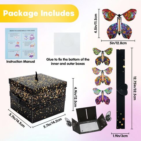 WCHOSOZH Surprise Explosion Gift Box with 4Pcs Flying Butterflies, Exploding Gifts Box with Congratulation Card, Butterflybirthday Surprise Boxes for Birthday Wedding Anniversaries Party Mothers Day(Black) in Saudi Arabia