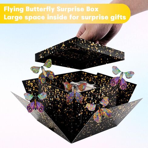 WCHOSOZH Surprise Explosion Gift Box with 4Pcs Flying Butterflies, Exploding Gifts Box with Congratulation Card, Butterflybirthday Surprise Boxes for Birthday Wedding Anniversaries Party Mothers Day(Black) in Saudi Arabia