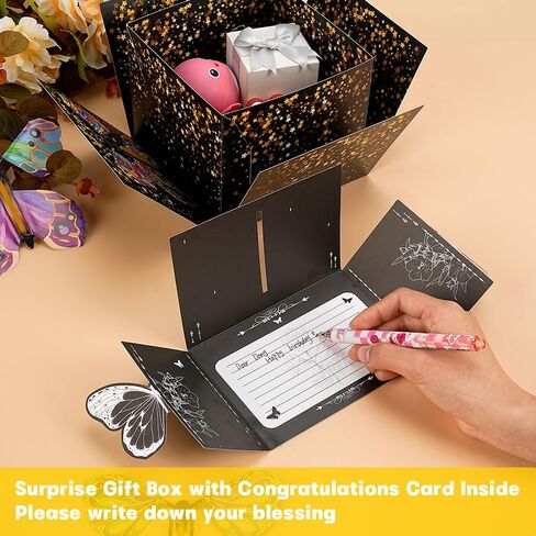 WCHOSOZH Surprise Explosion Gift Box with 4Pcs Flying Butterflies, Exploding Gifts Box with Congratulation Card, Butterflybirthday Surprise Boxes for Birthday Wedding Anniversaries Party Mothers Day(Black) in Saudi Arabia