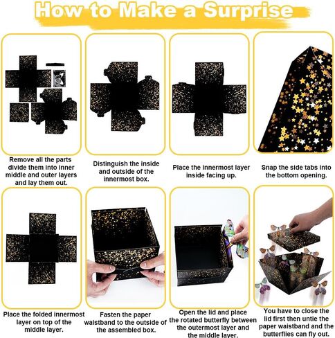 WCHOSOZH Surprise Explosion Gift Box with 4Pcs Flying Butterflies, Exploding Gifts Box with Congratulation Card, Butterflybirthday Surprise Boxes for Birthday Wedding Anniversaries Party Mothers Day(Black) in Saudi Arabia