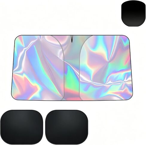 Car Window Shades 3 Pack– 2 Front Static Cling Side Sunshade, 1 Sedan Windshield Cover, Laser Reflective, UV Glare Heat Block, Foldable Auto Accessories, Contact Us for SUV/Truck/Van Custom Size in Saudi Arabia