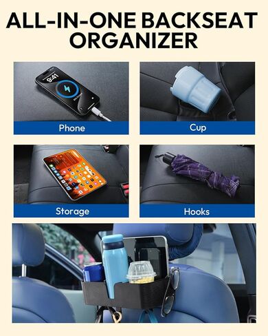 3 in 1 Car Headrest Backseat Organizer, Seat Back Organizer Headrest Strong Multi- Hanging Hooks with 3.7" Cup Holder for Car Headrest Backseat Travel Accessories, 2PCS in Saudi Arabia