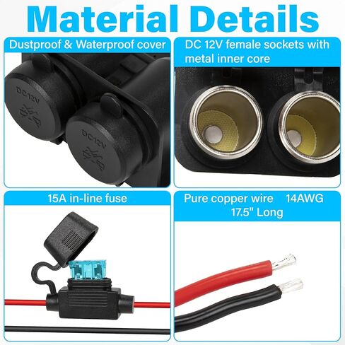 12V Cigarette Lighter Socket with Blade Fuse 15A, 2-Socket Cigarette Lighter Splitter, Waterproof 12V Power Outlet Plug, Car Accessories, Fit for Car Marine Truck ATV RV in Saudi Arabia