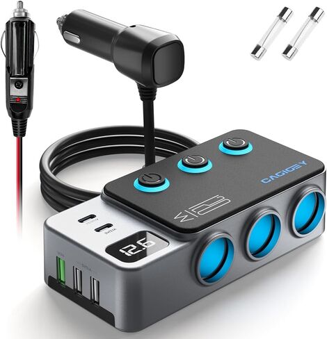 موزع ولاعة سجائر 120 واط 8 في 1، محول شاحن سيارة Cagigey فائق السرعة مع شحن من النوع C QC3.0 PD35W، منفذ توصيل متعدد المنافذ، مفاتيح مستقلة، شاشة LED، كابل 3.3FT in Kuwait
