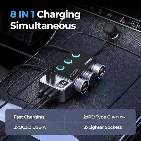 موزع ولاعة سجائر 120 واط 8 في 1، محول شاحن سيارة Cagigey فائق السرعة مع شحن من النوع C QC3.0 PD35W، منفذ توصيل متعدد المنافذ، مفاتيح مستقلة، شاشة LED، كابل 3.3FT in Kuwait