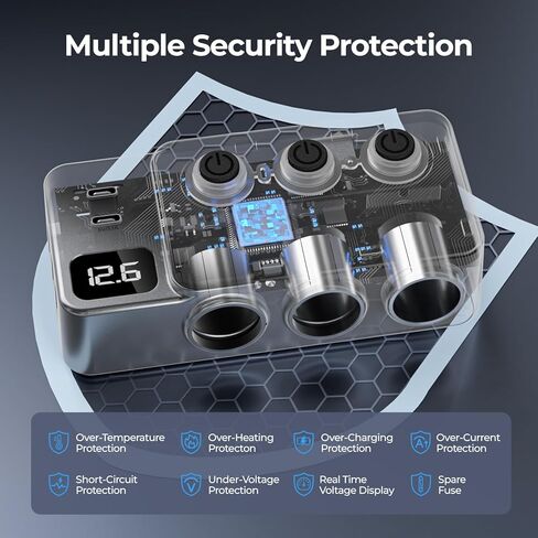 موزع ولاعة سجائر 120 واط 8 في 1، محول شاحن سيارة Cagigey فائق السرعة مع شحن من النوع C QC3.0 PD35W، منفذ توصيل متعدد المنافذ، مفاتيح مستقلة، شاشة LED، كابل 3.3FT in Kuwait