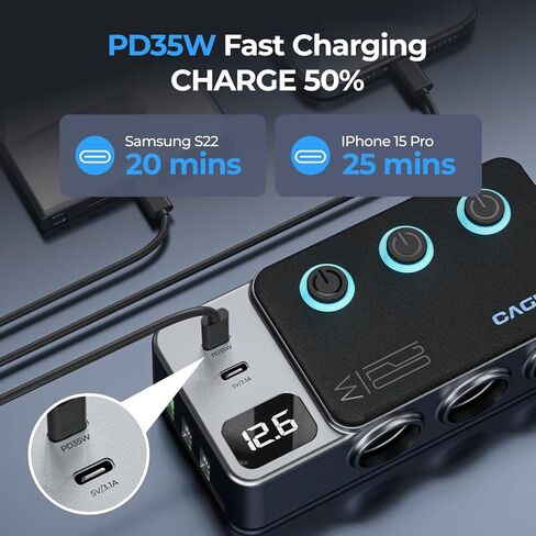 موزع ولاعة سجائر 120 واط 8 في 1، محول شاحن سيارة Cagigey فائق السرعة مع شحن من النوع C QC3.0 PD35W، منفذ توصيل متعدد المنافذ، مفاتيح مستقلة، شاشة LED، كابل 3.3FT in Kuwait