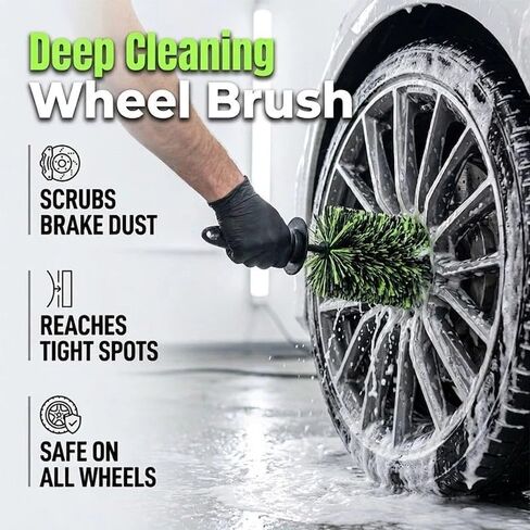 Wheel Barrel Cleaning Brush, Soft Scratch-Free Deep Reach Wheel Detailing Brush Non-Slip Handle Protective Guard, Multifunctional Auto Cleaning Brush for Rims Engine Exhaust Grille (Green) in Saudi Arabia