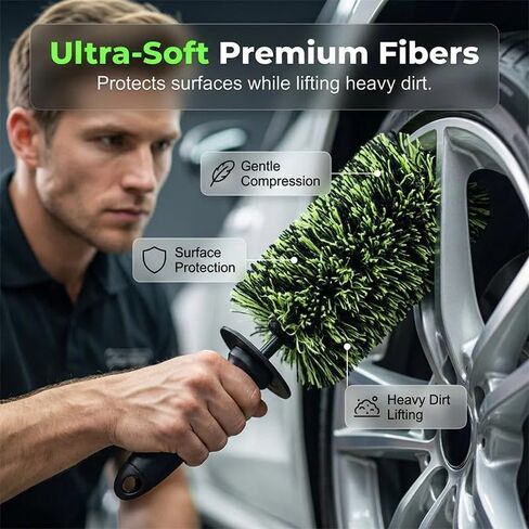 Wheel Barrel Cleaning Brush, Soft Scratch-Free Deep Reach Wheel Detailing Brush Non-Slip Handle Protective Guard, Multifunctional Auto Cleaning Brush for Rims Engine Exhaust Grille (Green) in Saudi Arabia