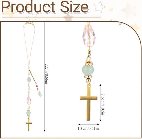 Natural Jade Cross Car Hanging Ornament, Rearview Mirror Healing Stones Charm, Handmade Glass Beaded Good Luck Keychain Suncatcher for Car and Home Decor in Saudi Arabia