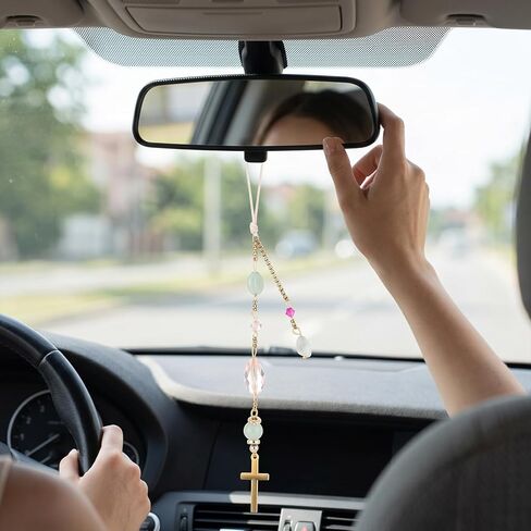 Natural Jade Cross Car Hanging Ornament, Rearview Mirror Healing Stones Charm, Handmade Glass Beaded Good Luck Keychain Suncatcher for Car and Home Decor in Saudi Arabia