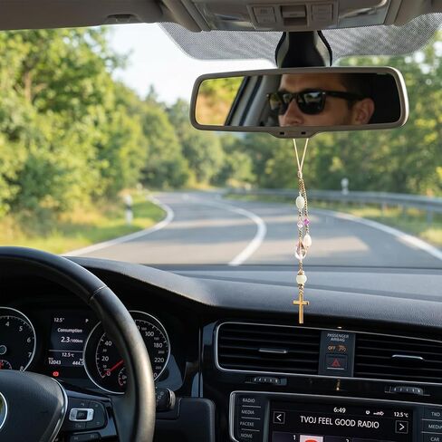 Natural Jade Cross Car Hanging Ornament, Rearview Mirror Healing Stones Charm, Handmade Glass Beaded Good Luck Keychain Suncatcher for Car and Home Decor in Saudi Arabia