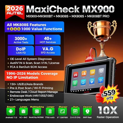 Autel MaxiCheck MX900 Bidirectional Scanner, 2026 OBD2 Scan Tool Up of MaxiCOM MK808S MX808S MK808BT Pro, US Ver. of MK900BT w/ 3000+ Active Test, 40+ Service, CAN-FD&DOIP, All-Sys Diagnose, FCA 11 OS in Kuwait