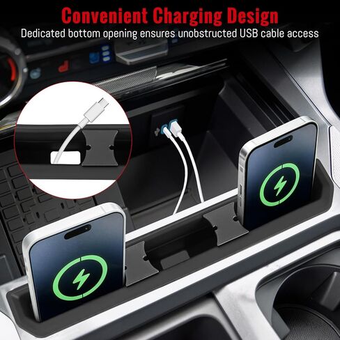 Center Console Phone Holder fit for Ford F250 F350 F450 F550 2023 2024 2025 2026,Phone Stand Insert Tray with USB Hole&Holder,Silicone Anti-Tipping Phone Stand w/ 2 Movable USB Plug Holders in Saudi Arabia