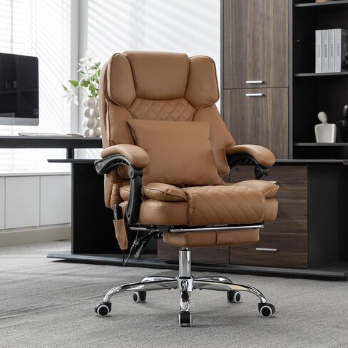 Kneading Massage Executive Office Chair with Heated,90-135° Reclining Office Chair with Footrest,Computer Desk Chair with Wheels,Diamond-Stitched Cushion Leather Office Chair (Brown) in Saudi Arabia
