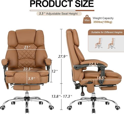 Kneading Massage Executive Office Chair with Heated,90-135° Reclining Office Chair with Footrest,Computer Desk Chair with Wheels,Diamond-Stitched Cushion Leather Office Chair (Brown) in Saudi Arabia
