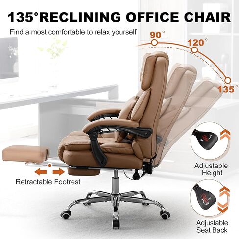 Kneading Massage Executive Office Chair with Heated,90-135° Reclining Office Chair with Footrest,Computer Desk Chair with Wheels,Diamond-Stitched Cushion Leather Office Chair (Brown) in Saudi Arabia