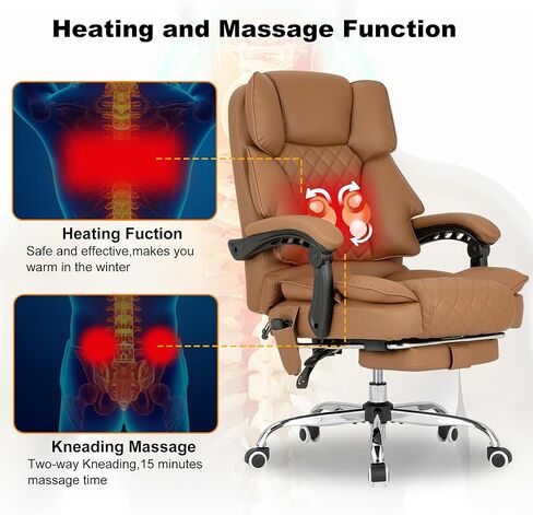 Kneading Massage Executive Office Chair with Heated,90-135° Reclining Office Chair with Footrest,Computer Desk Chair with Wheels,Diamond-Stitched Cushion Leather Office Chair (Brown) in Saudi Arabia