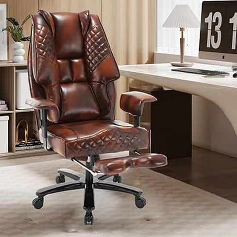 Heavy Duty Executive Office Chair, 550lbs Big and Tall Office Chair with Wide Seat, Reclining Ergonomic Desk Chair with Footrest PU Leather Computer Chair for Home Office, Red Brown in Saudi Arabia