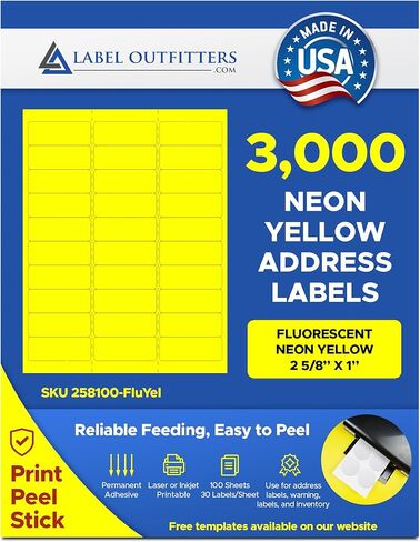 3,000 Label Outfitters 1" x 2 5/8" Printable Fluorescent Neon Yellow Address Labels – 100 Sheets in Saudi Arabia