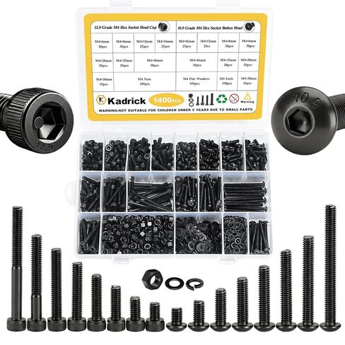 Kadrick 1400 Pcs M4 Screws Nuts Washers Assortment M4x6MM-40MM, Hex Socket Button & Cap Head Metric M3 Machine Bolts Kit, 12.9 & 10.9 Grade Alloy Steel,Black Screws for 3D Printing in Saudi Arabia
