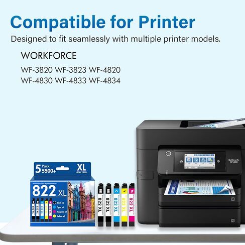 Remanufactured Replacement for 822XL WF-3820 Printer Ink Cartridges Combo Pack for Epson Workforce Pro WF-3820 WF-3823 WF-4820 WF-4830 WF-4833 WF-4834 (5 Pack, 2Black Cyan Magenta Yellow) in Saudi Arabia