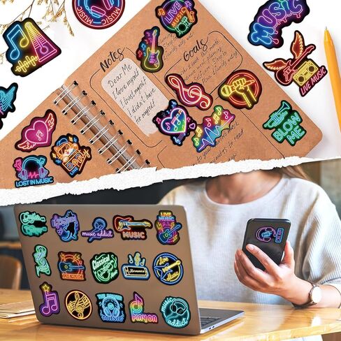 100 Pcs Neon Music Waterproof Vinyl Stickers - Music Band Decor & Party Favors for Laptop, Water Bottle, Guitar, Phone Case in Saudi Arabia