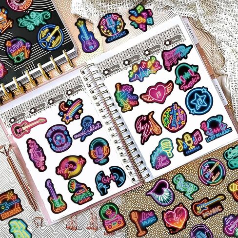 100 Pcs Neon Music Waterproof Vinyl Stickers - Music Band Decor & Party Favors for Laptop, Water Bottle, Guitar, Phone Case in Saudi Arabia