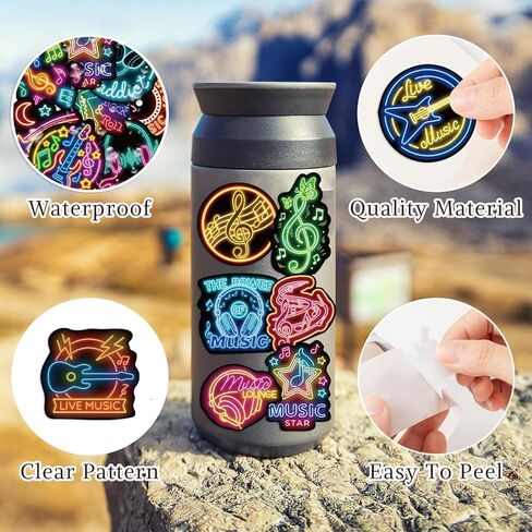100 Pcs Neon Music Waterproof Vinyl Stickers - Music Band Decor & Party Favors for Laptop, Water Bottle, Guitar, Phone Case in Saudi Arabia