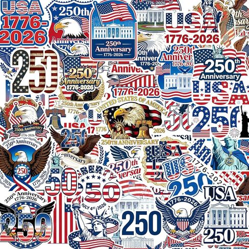 50pcs United States 250 Stickers,250th Anniversary Merchandise Pride Vinyl Decal 250 Anniversary USA Stickers for Water Bottles, Laptop, Bumper, Party Decorations in Saudi Arabia