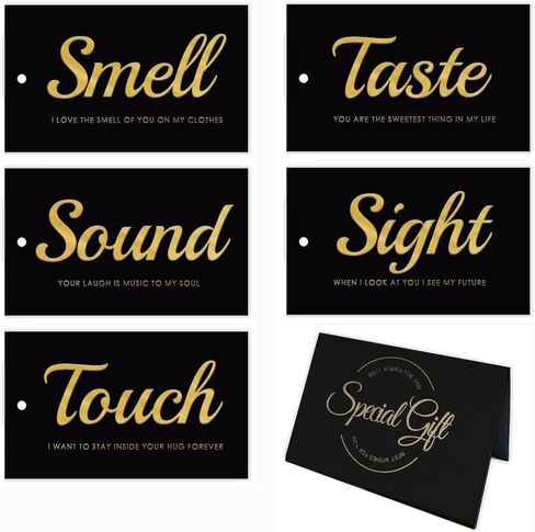 5 Senses Gift Tags Set - Five Senses Card for Him - Anniversary, Valentine's Day, Birthday - Black with Gold Letters - 5 Tags + 1 Greeting Card（speaicd Gift） in Saudi Arabia